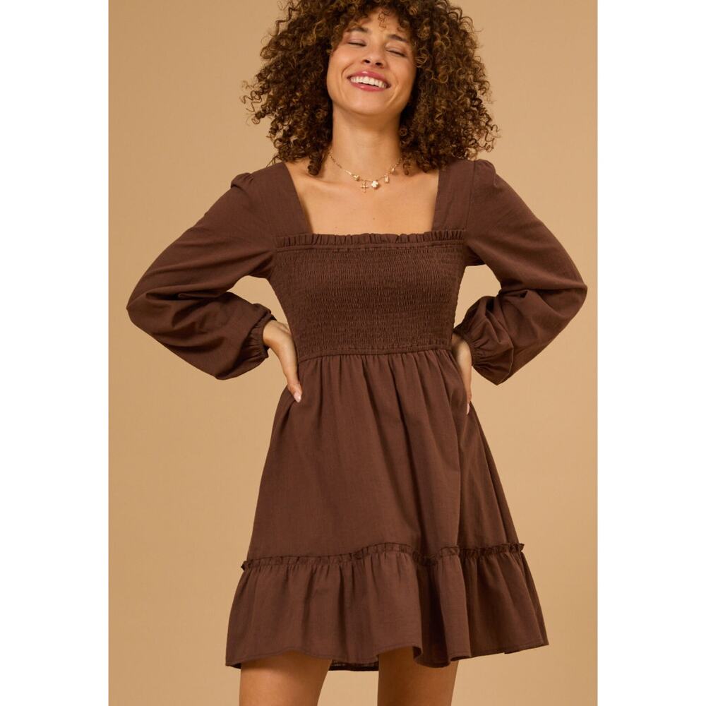 AE Brown Smocked Mini Babydoll Dress XXS Tiered Milkmaid Coquette‎ Peasant